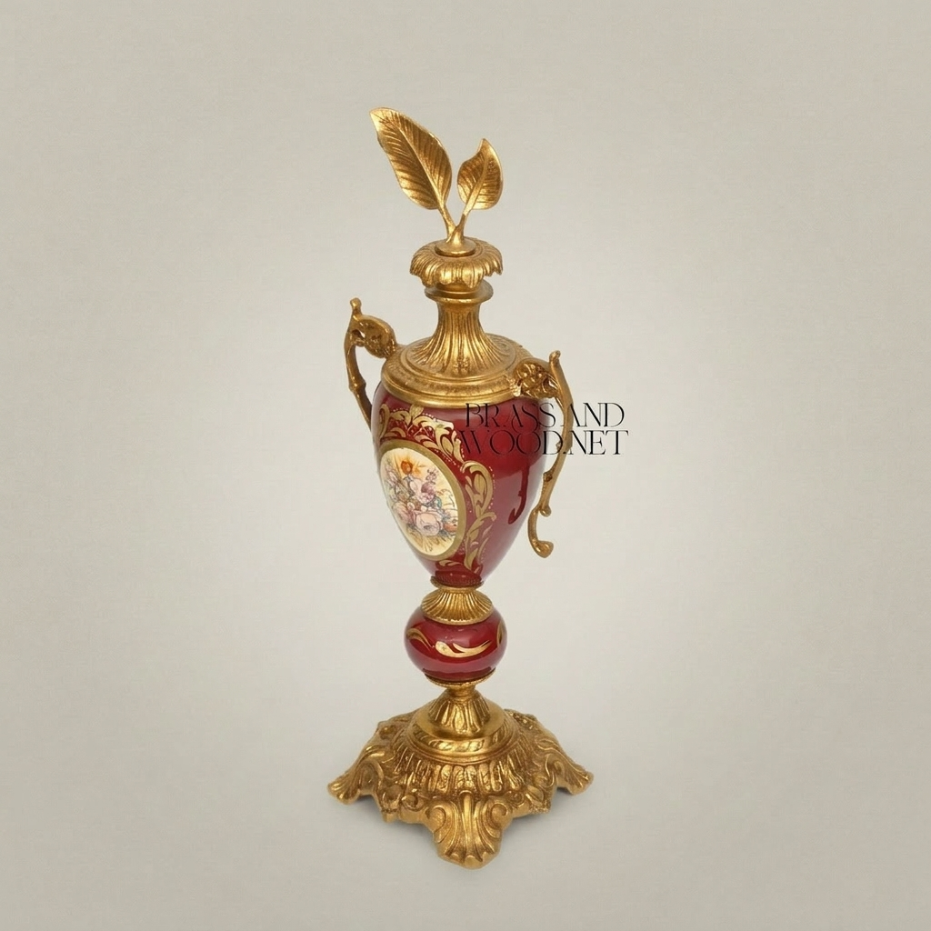 Rococo Ceramic Lidded Urn Vase with Hand-Painted Floral Medallion — Gold