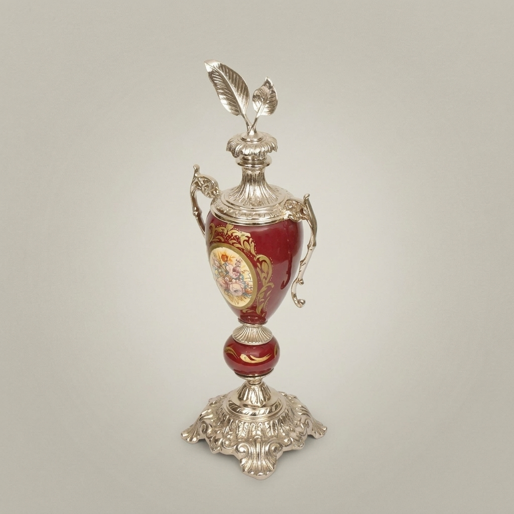 Rococo Ceramic Lidded Urn Vase with Hand-Painted Floral Medallion — Silver