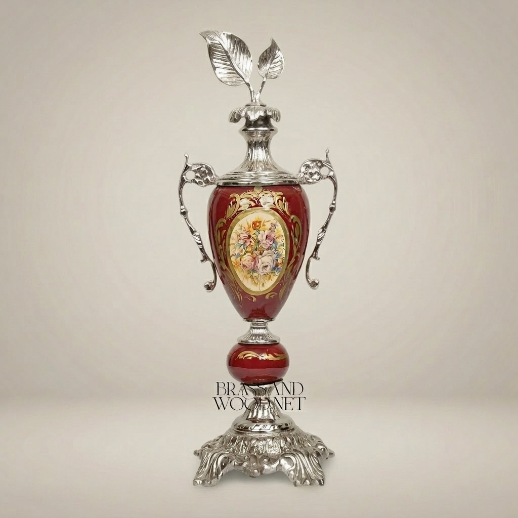 Rococo Ceramic Lidded Urn Vase with Hand-Painted Floral Medallion — Silver