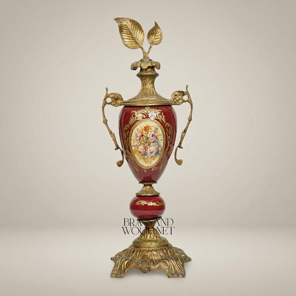 Rococo Ceramic Lidded Urn Vase with Hand-Painted Floral Medallion — Antique Gold