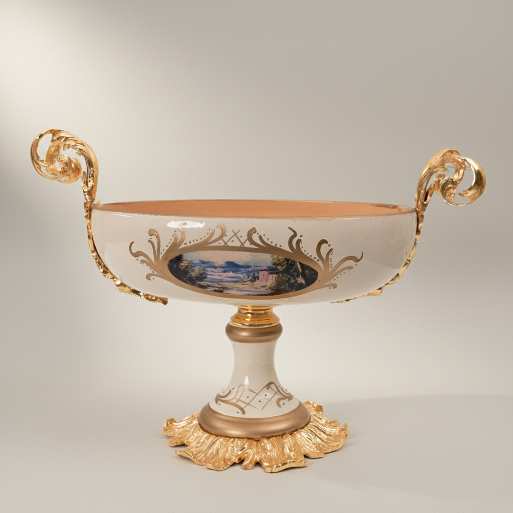 Rococo Ceramic Lidded Vase & Tazza Set with Hand-Painted Floral Medallions