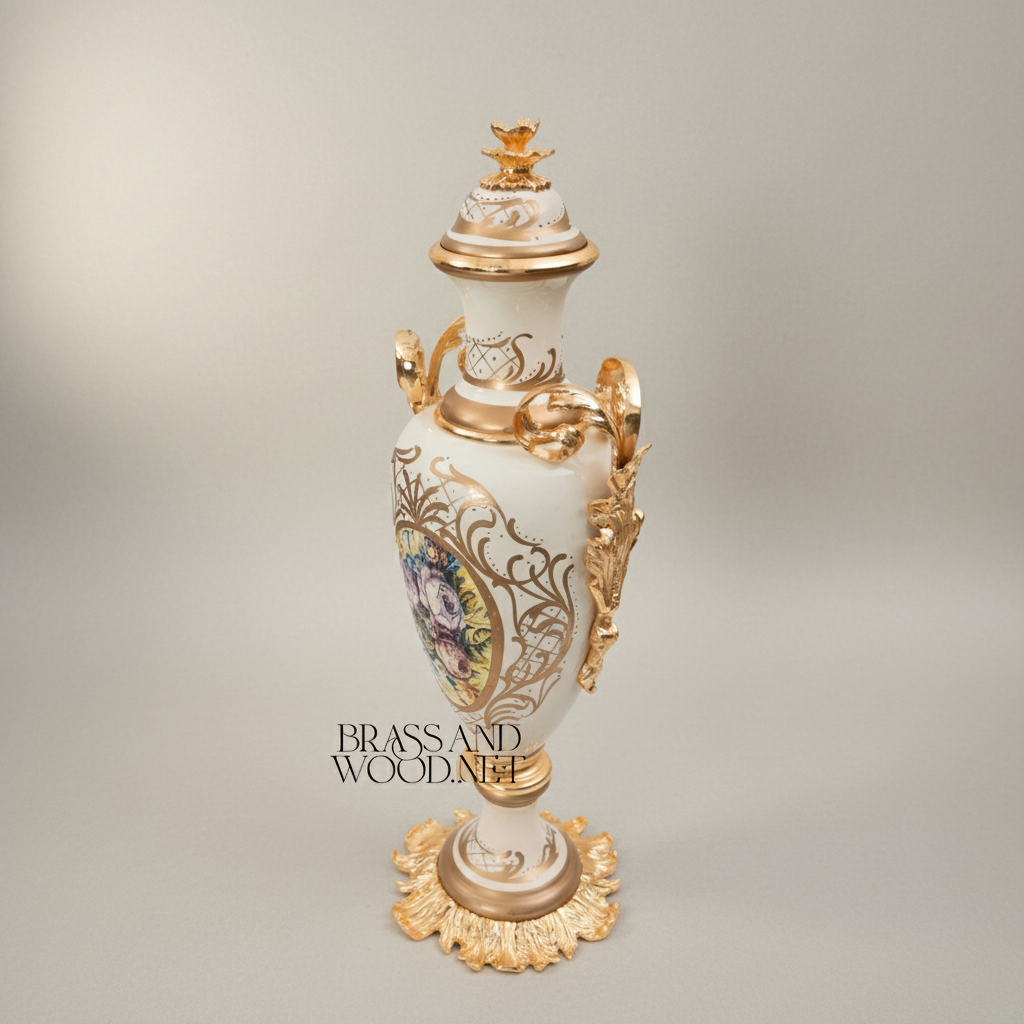 Rococo Ceramic Lidded Vase & Tazza Set with Hand-Painted Floral Medallions