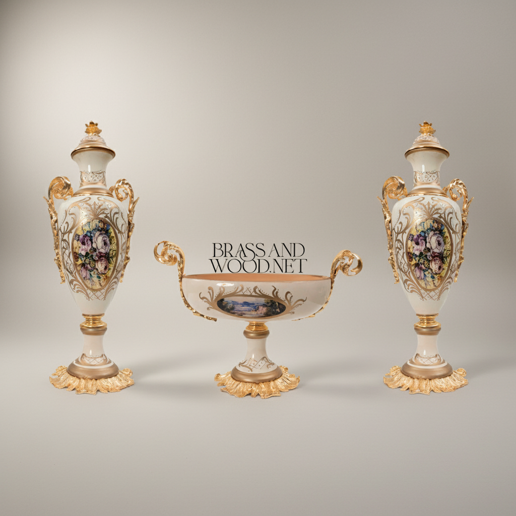 Rococo Ceramic Lidded Vase & Tazza Set with Hand-Painted Floral Medallions