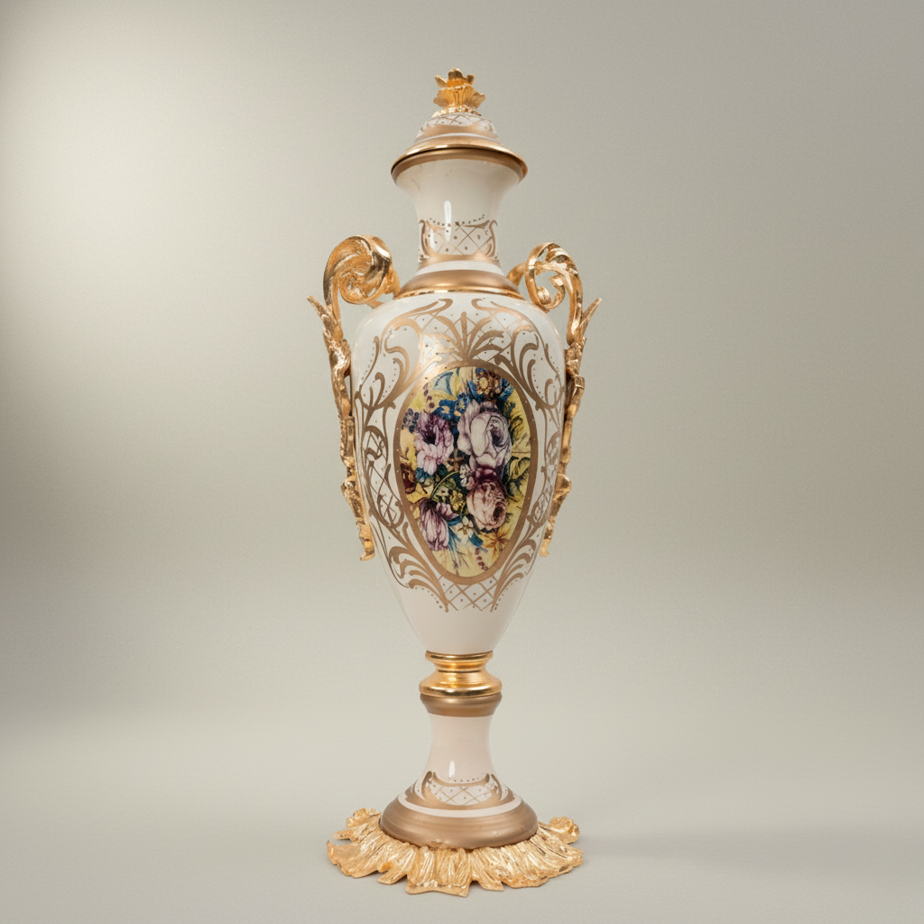 Rococo Ceramic Lidded Vase & Tazza Set with Hand-Painted Floral Medallions