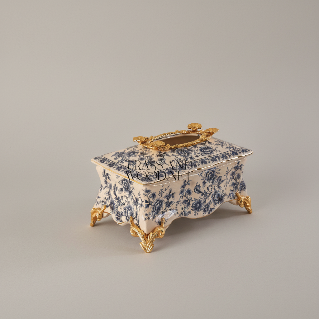 Rococo Ceramic Tissue Box with Blue Floral Motif & Metal Scrolled Feet — Gold