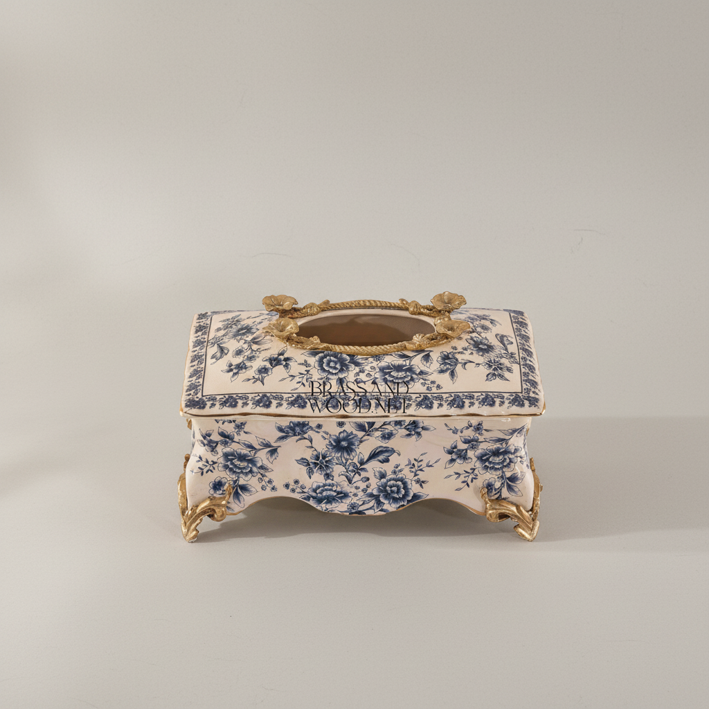 Rococo Ceramic Tissue Box with Blue Floral Motif & Metal Scrolled Feet — Antique Gold