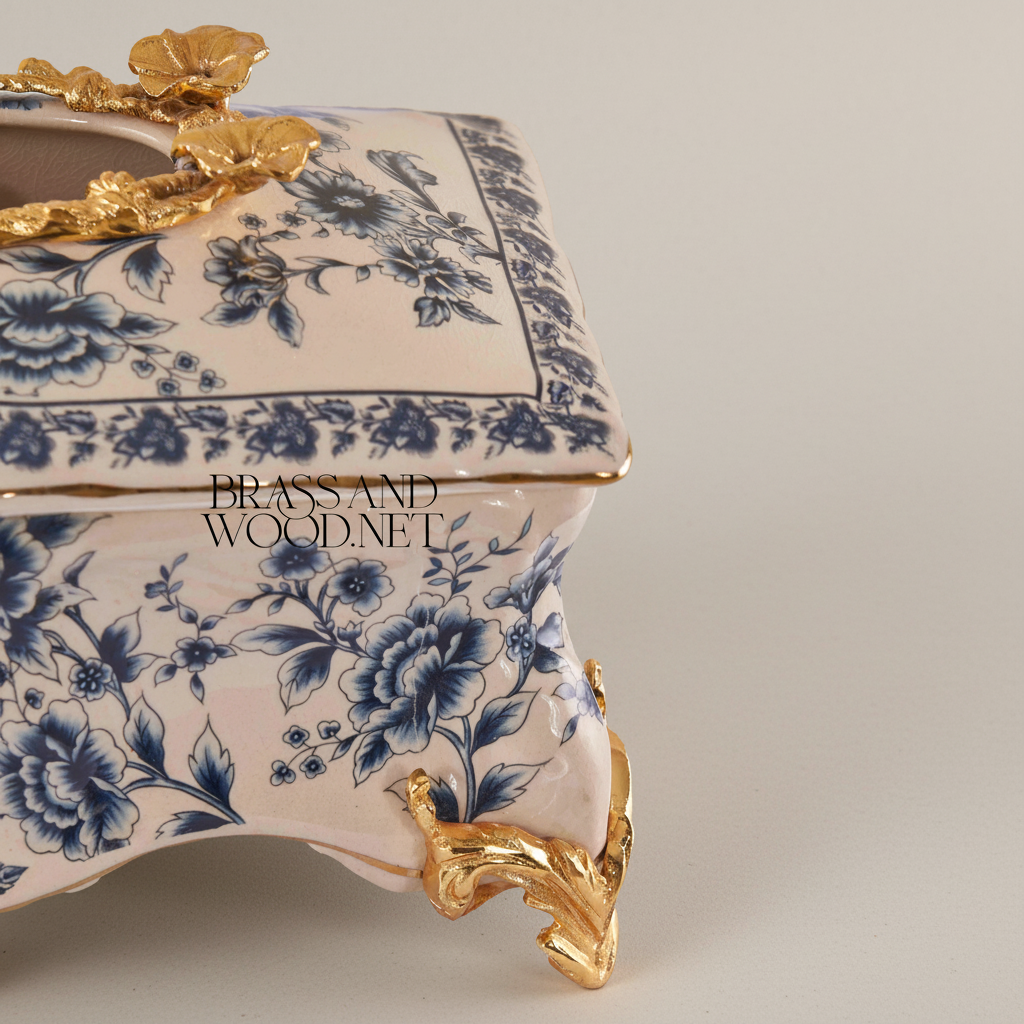 Rococo Ceramic Tissue Box with Blue Floral Motif & Metal Scrolled Feet — Gold
