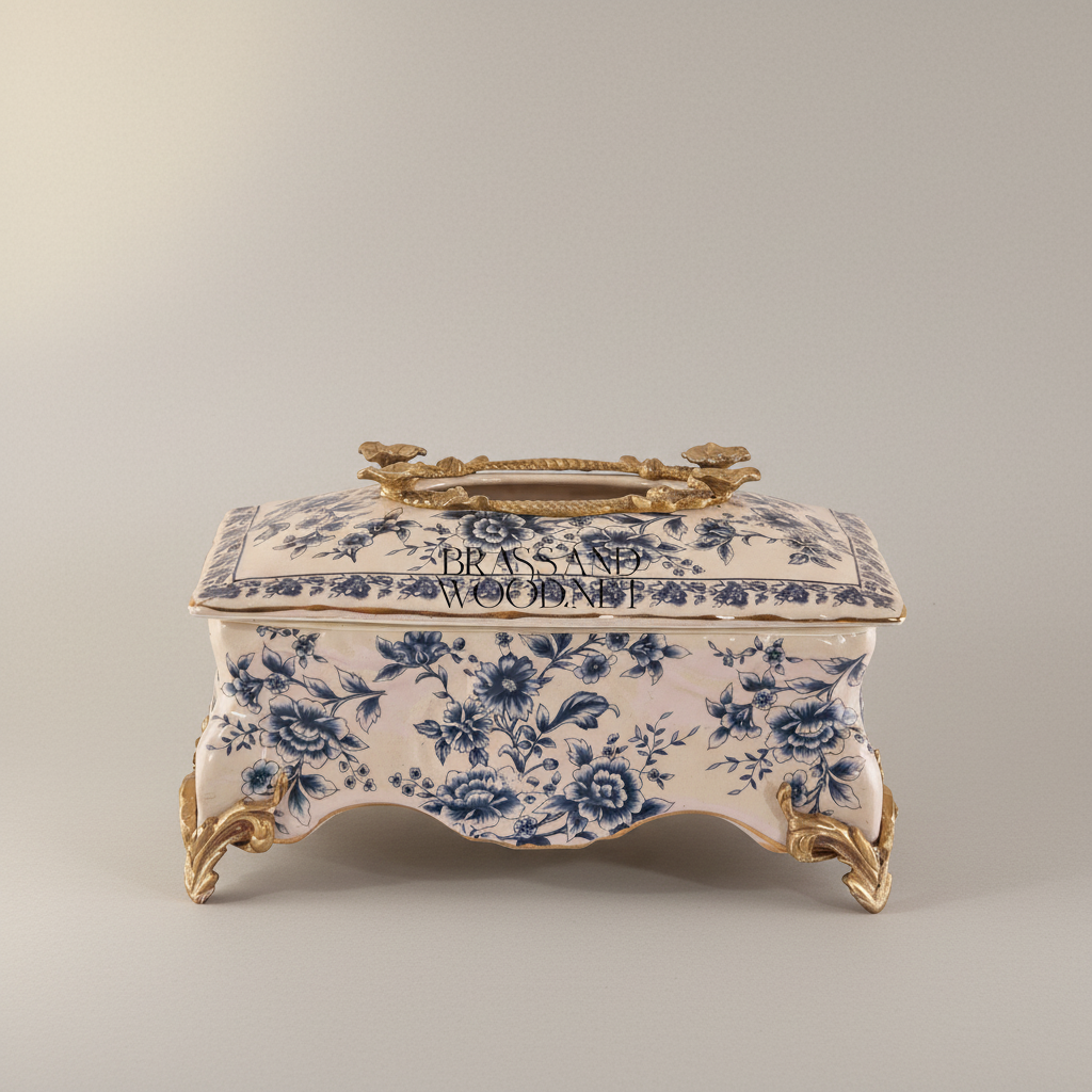 Rococo Ceramic Tissue Box with Blue Floral Motif & Metal Scrolled Feet — Antique Gold