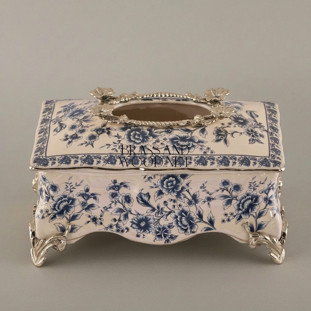 Rococo Ceramic Tissue Box with Blue Floral Motif & Metal Scrolled Feet