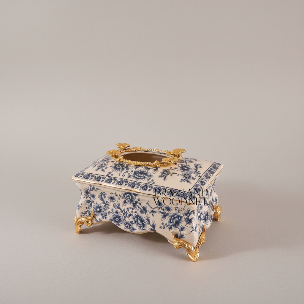 Rococo Ceramic Tissue Box with Blue Floral Motif & Metal Scrolled Feet — Gold