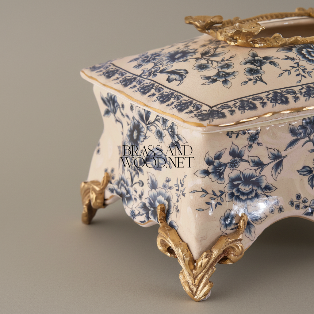 Rococo Ceramic Tissue Box with Blue Floral Motif & Metal Scrolled Feet — Antique Gold