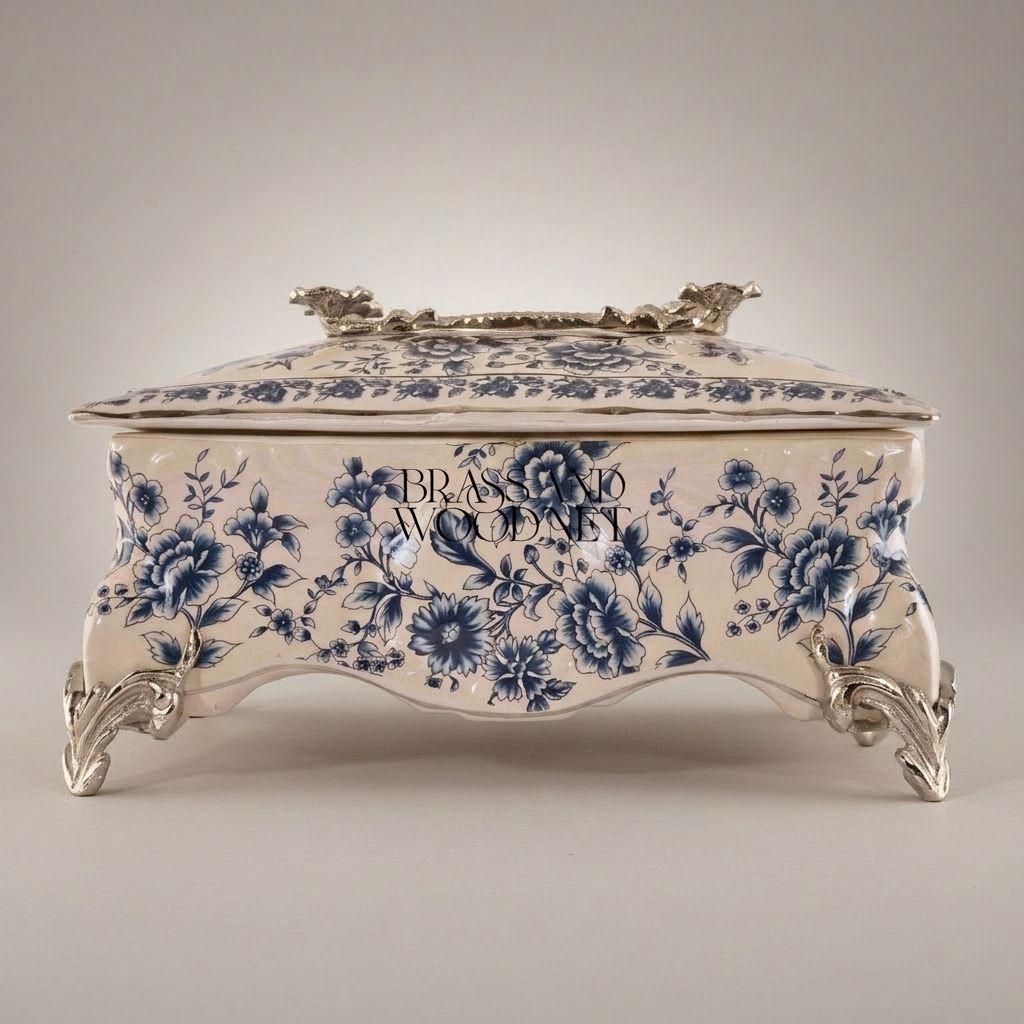 Rococo Ceramic Tissue Box with Blue Floral Motif & Metal Scrolled Feet