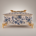 Rococo Ceramic Tissue Box with Blue Floral Motif & Metal Scrolled Feet — Gold