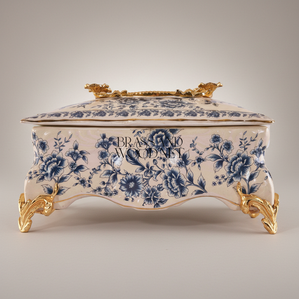 Rococo Ceramic Tissue Box with Blue Floral Motif & Metal Scrolled Feet — Gold