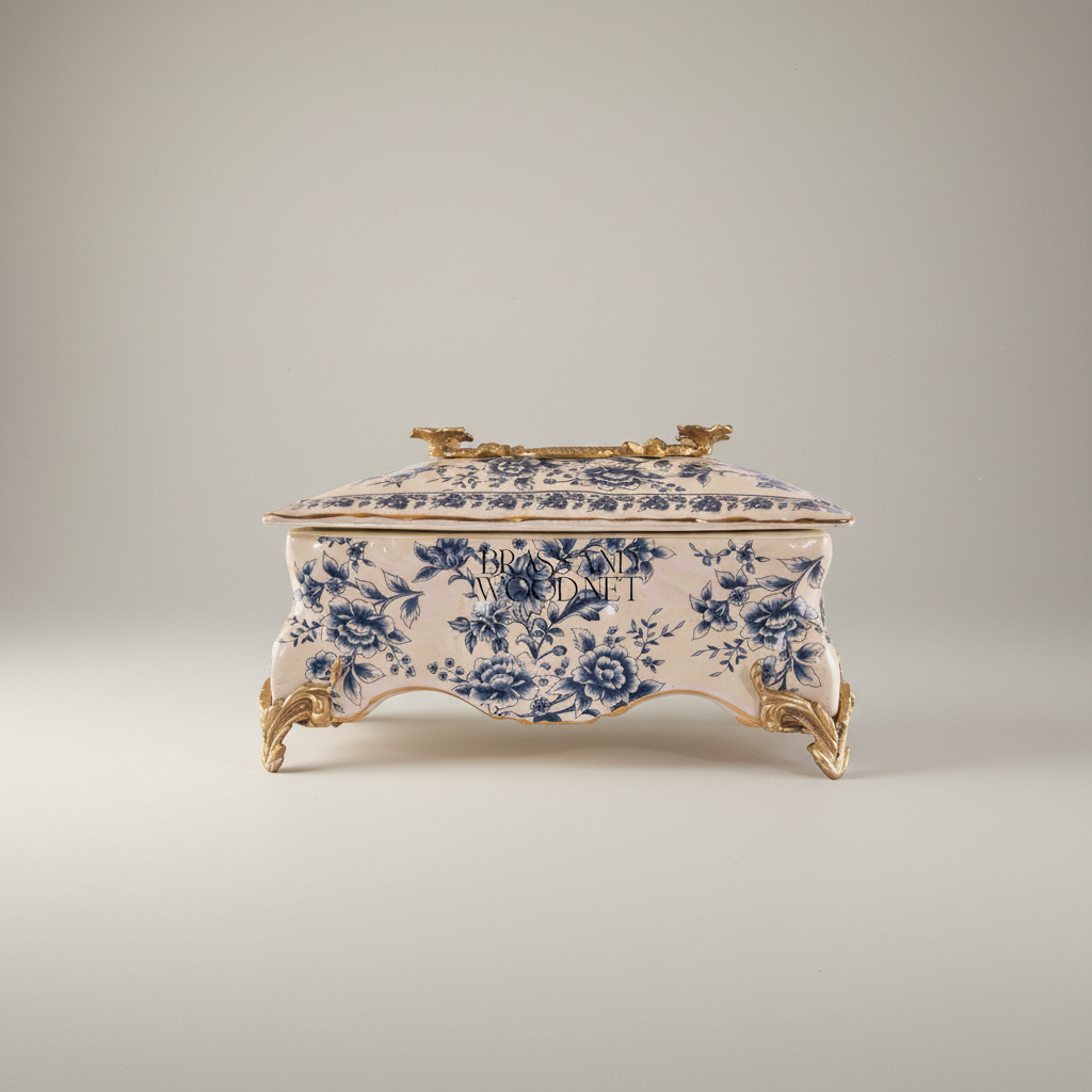 Rococo Ceramic Tissue Box with Blue Floral Motif & Metal Scrolled Feet — Antique Gold