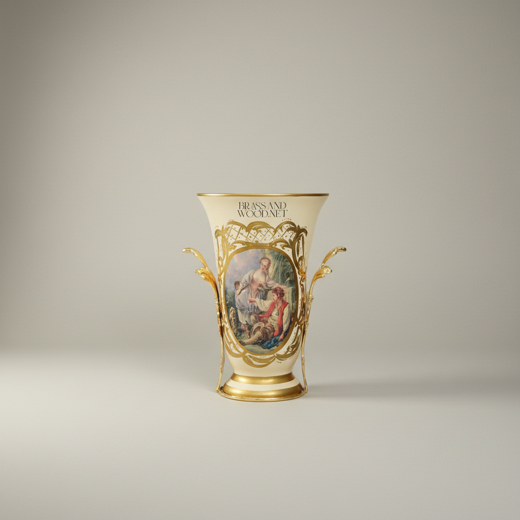 Rococo Ceramic Trophy Vase with Boucher-Style Medallion and Acanthus Brass Base
