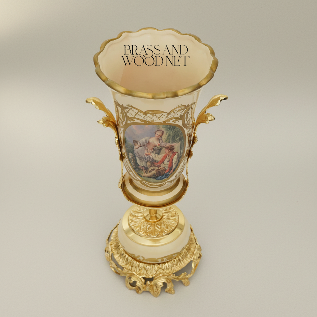 Rococo Ceramic Trophy Vase with Boucher-Style Medallion and Acanthus Brass Base — Gold
