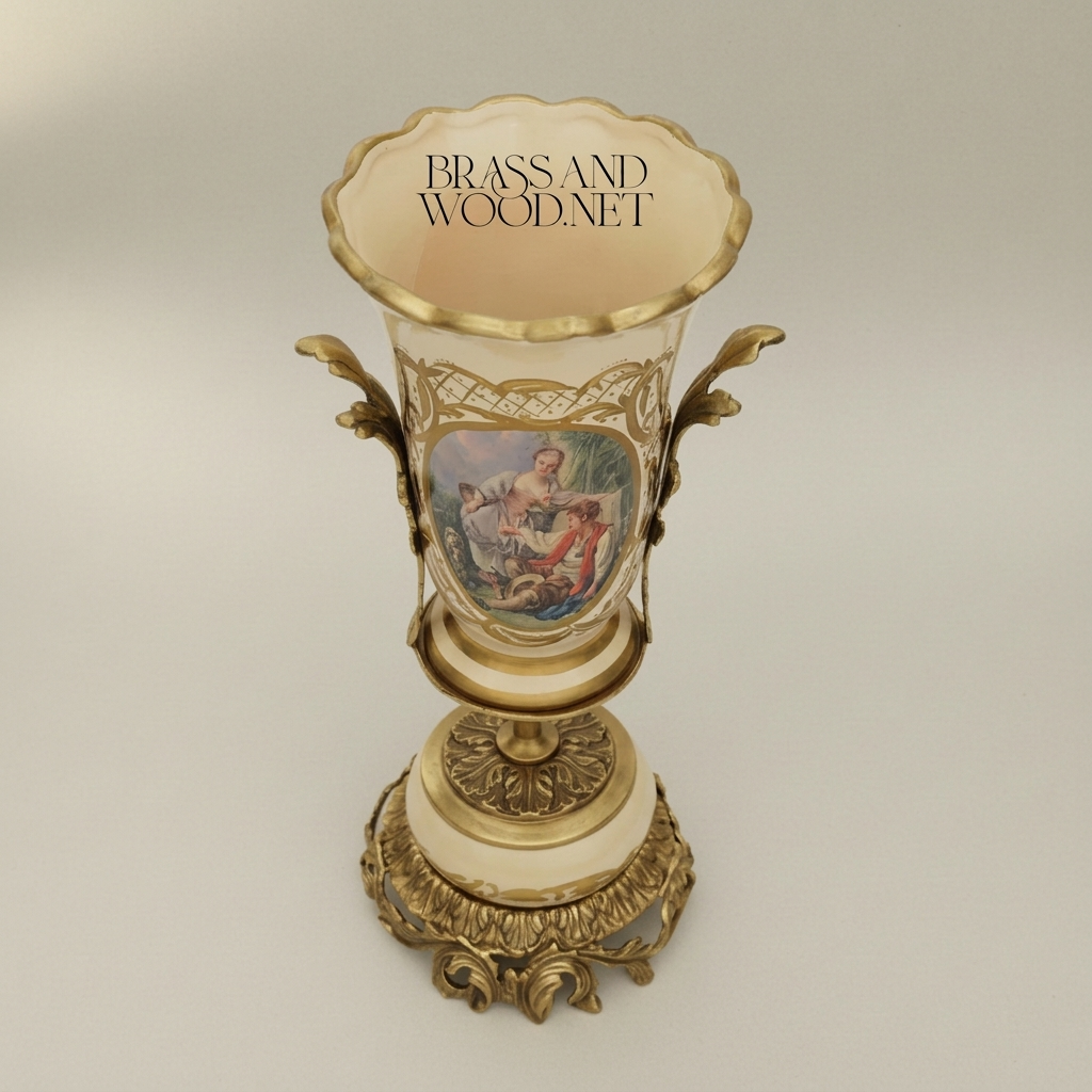 Rococo Ceramic Trophy Vase with Boucher-Style Medallion and Acanthus Brass Base — Antique Gold