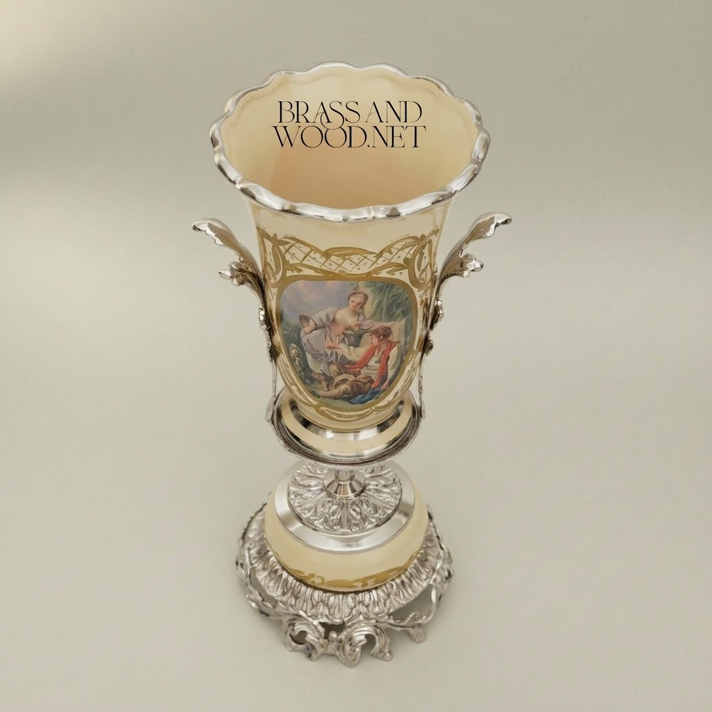 Rococo Ceramic Trophy Vase with Boucher-Style Medallion and Acanthus Brass Base — Silver