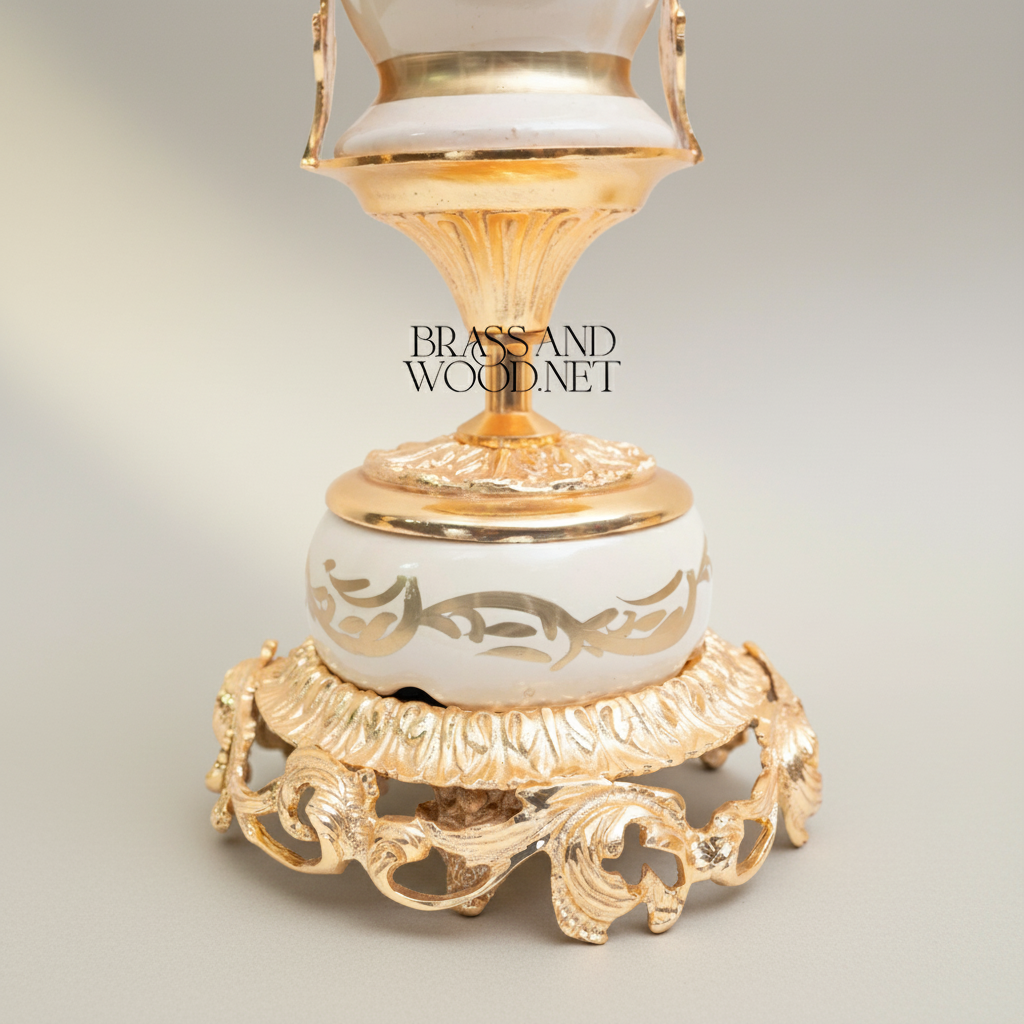 Rococo Ceramic Trophy Vase with Gilded Brass Base & Hand-Painted Floral Medallion — Gold