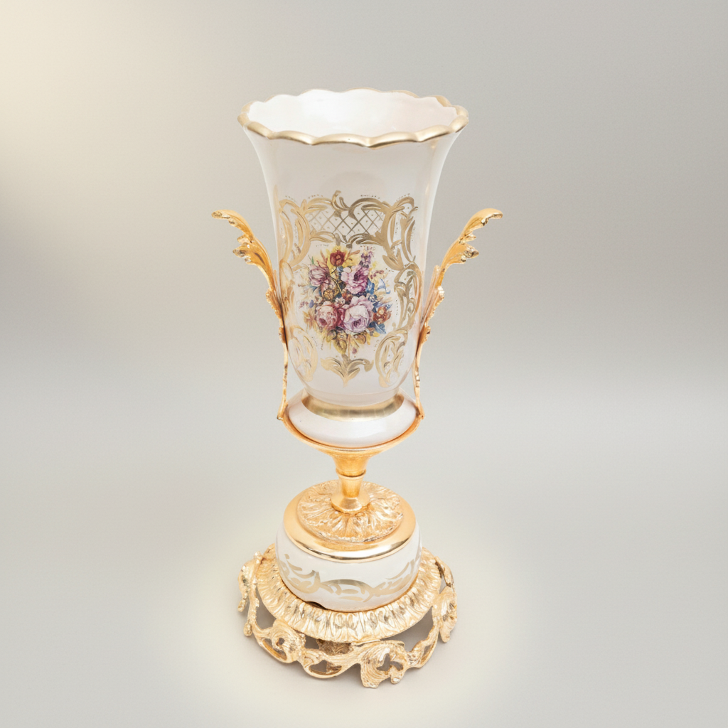 Rococo Ceramic Trophy Vase with Gilded Brass Base & Hand-Painted Floral Medallion