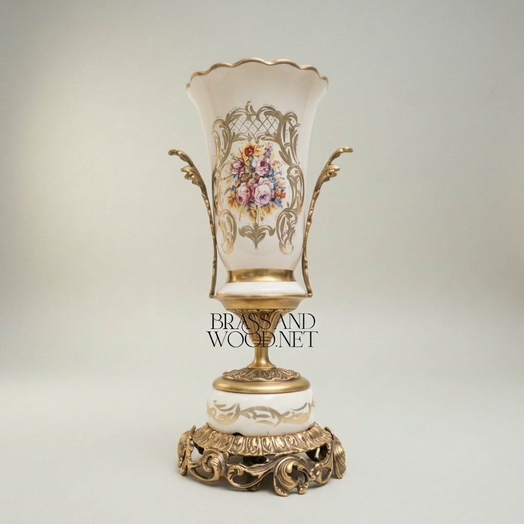 Rococo Ceramic Trophy Vase with Gilded Brass Base & Hand-Painted Floral Medallion — Antique Gold