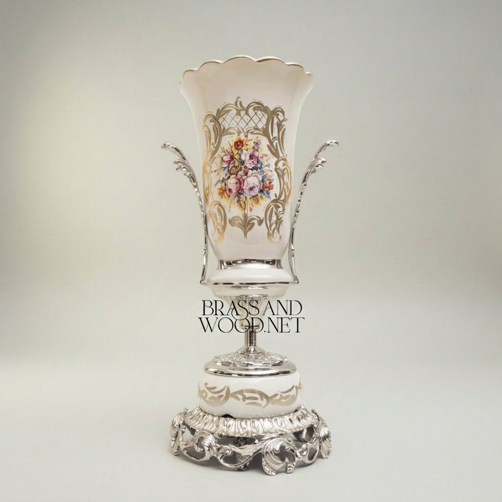 Rococo Ceramic Trophy Vase with Gilded Brass Base & Hand-Painted Floral Medallion — Silver