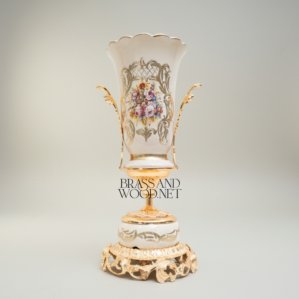 Rococo Ceramic Trophy Vase with Gilded Brass Base & Hand-Painted Floral Medallion — Gold