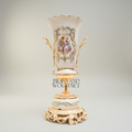 Rococo Ceramic Trophy Vase with Gilded Brass Base & Hand-Painted Floral Medallion — Gold