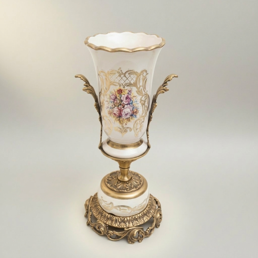 Rococo Ceramic Trophy Vase with Gilded Brass Base & Hand-Painted Floral Medallion — Antique Gold