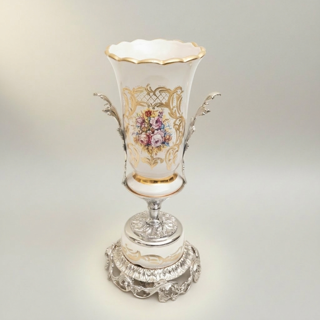 Rococo Ceramic Trophy Vase with Gilded Brass Base & Hand-Painted Floral Medallion — Silver