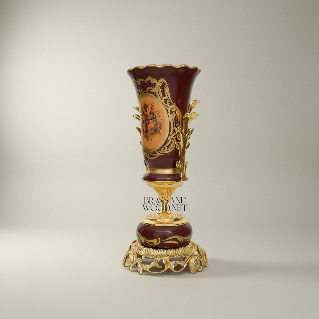 Rococo Ceramic Trumpet Vase with Brass Mounts & Hand-Painted Floral Medallion — Gold