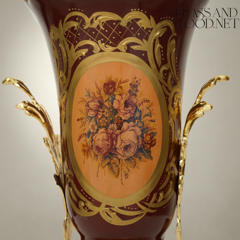 Rococo Ceramic Trumpet Vase with Brass Mounts & Hand-Painted Floral Medallion