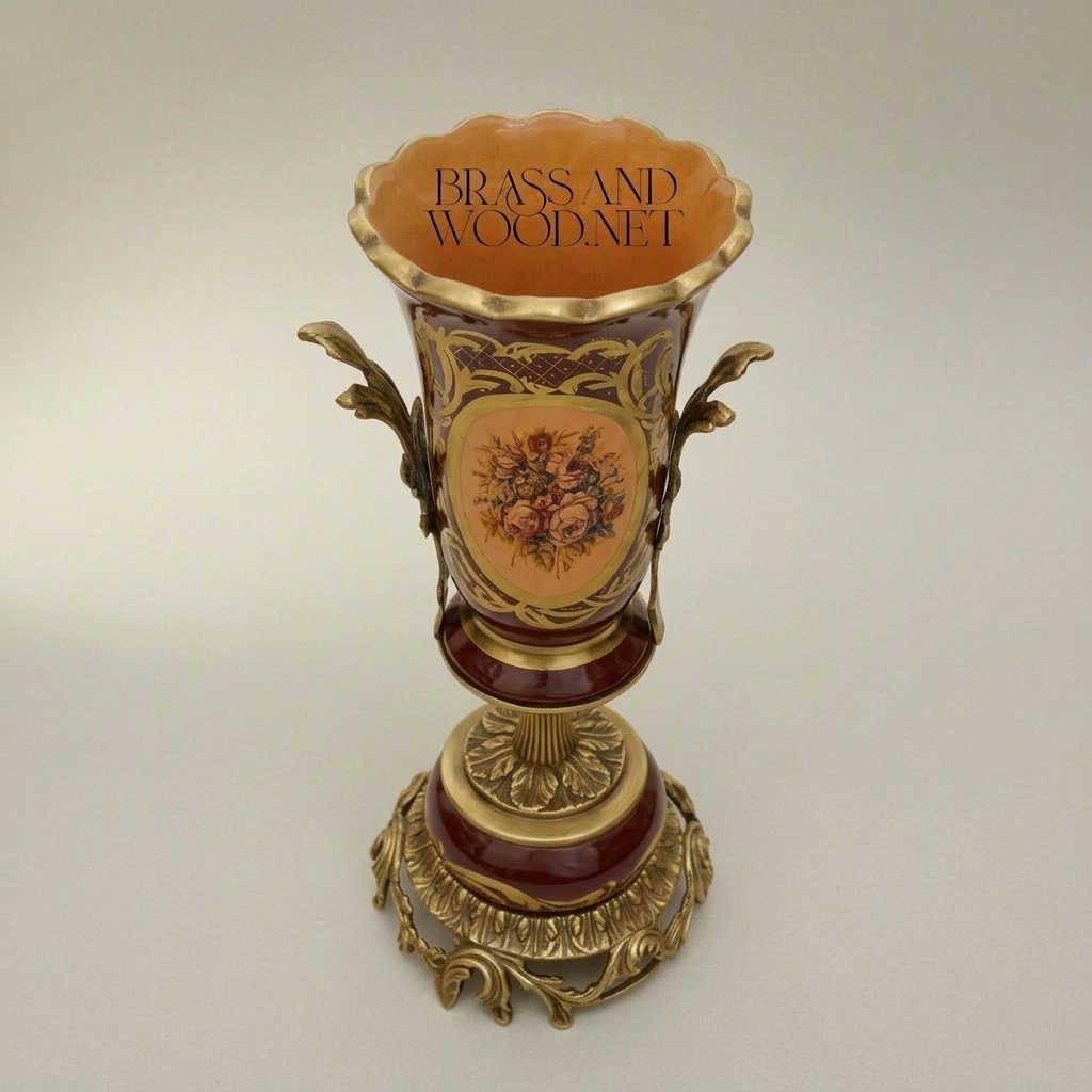 Rococo Ceramic Trumpet Vase with Brass Mounts & Hand-Painted Floral Medallion — Antique Gold