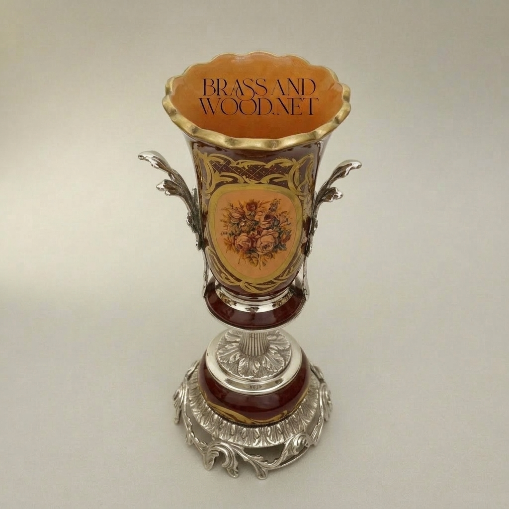 Rococo Ceramic Trumpet Vase with Brass Mounts & Hand-Painted Floral Medallion — Silver