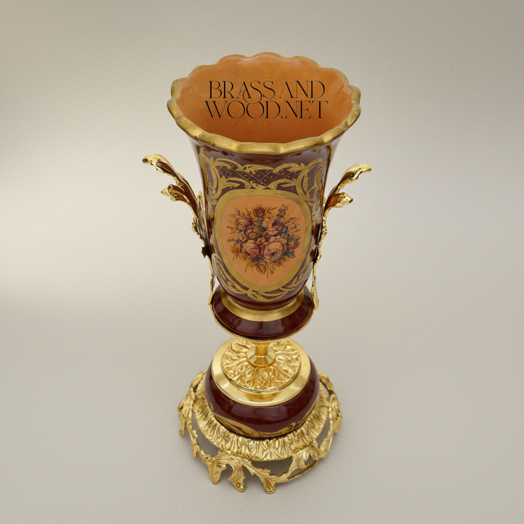 Rococo Ceramic Trumpet Vase with Brass Mounts & Hand-Painted Floral Medallion — Gold