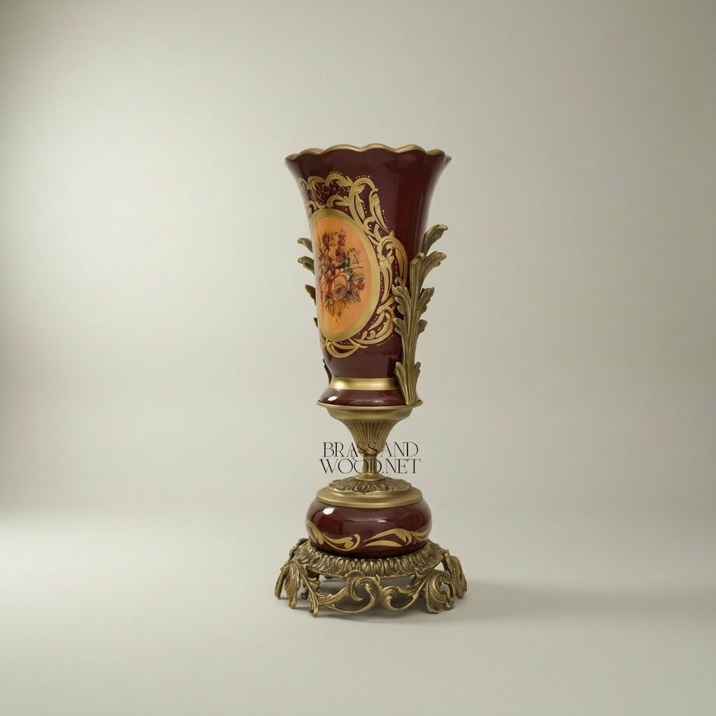 Rococo Ceramic Trumpet Vase with Brass Mounts & Hand-Painted Floral Medallion — Antique Gold