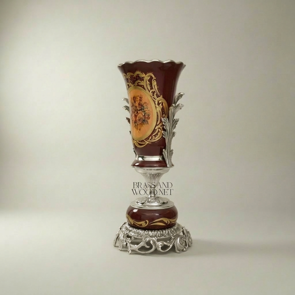 Rococo Ceramic Trumpet Vase with Brass Mounts & Hand-Painted Floral Medallion — Silver