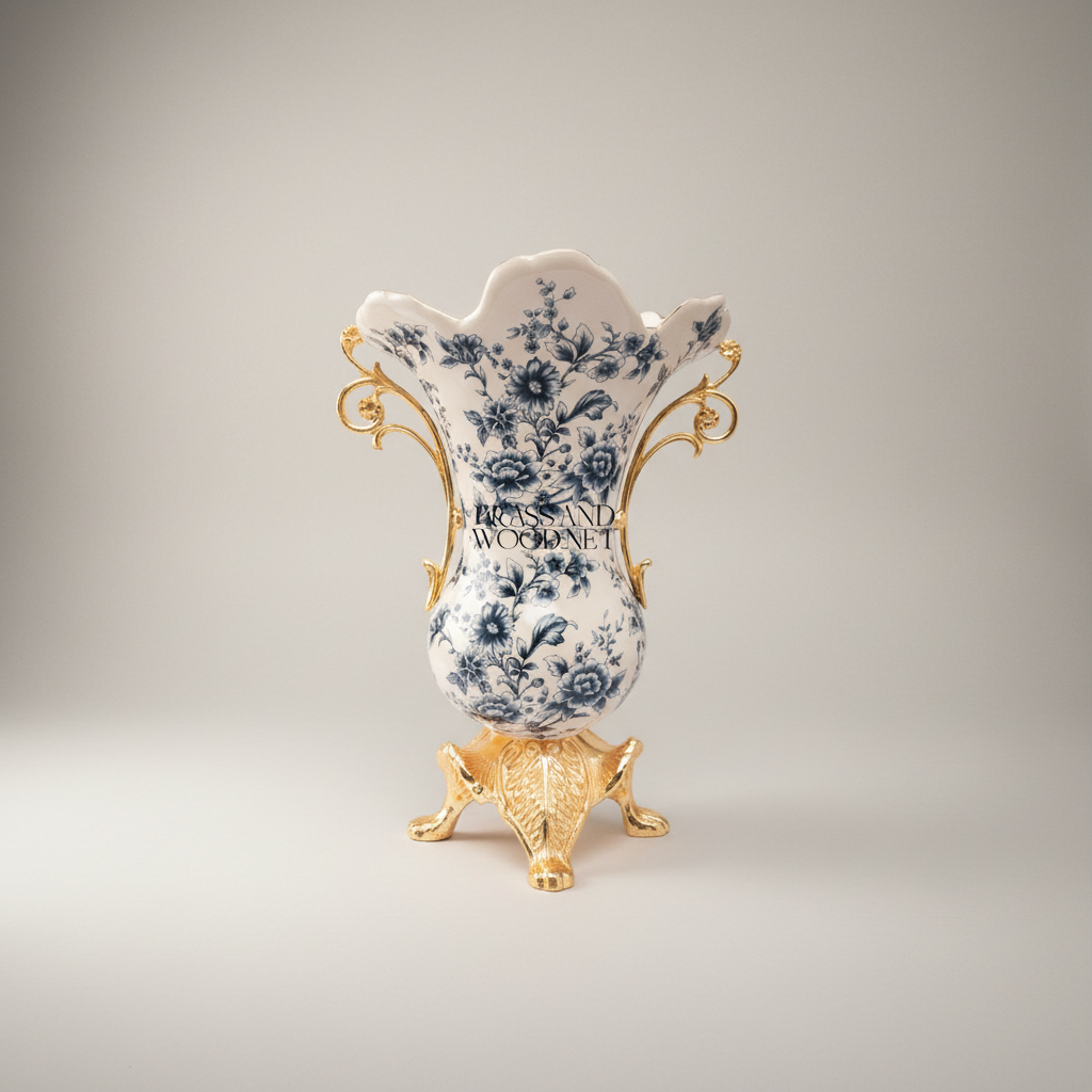 Rococo Ceramic Trumpet Vase with Brass Scroll Handles & Claw-Foot Base — Blue Floral Toile