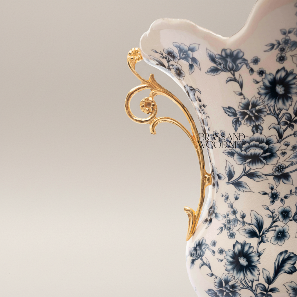 Rococo Ceramic Trumpet Vase with Brass Scroll Handles & Claw-Foot Base — Blue Floral Toile