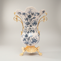 Rococo Ceramic Trumpet Vase with Brass Scroll Handles & Claw-Foot Base — Blue Floral Toile — Gold