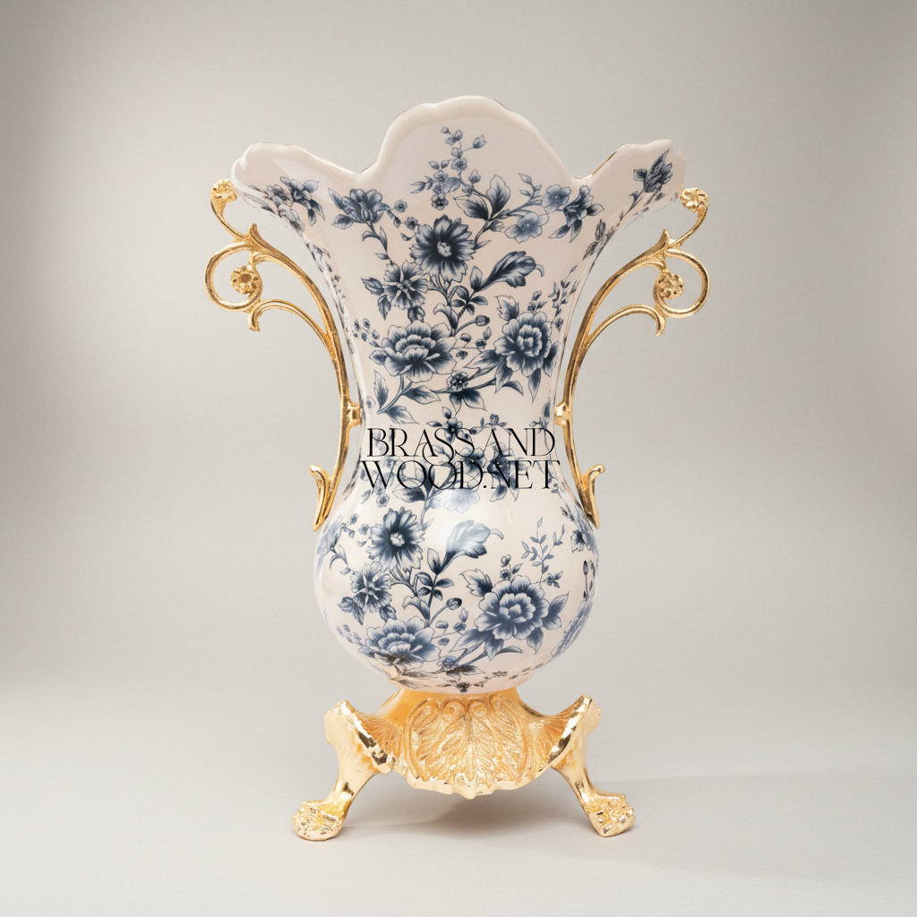 Rococo Ceramic Trumpet Vase with Brass Scroll Handles & Claw-Foot Base — Blue Floral Toile — Gold