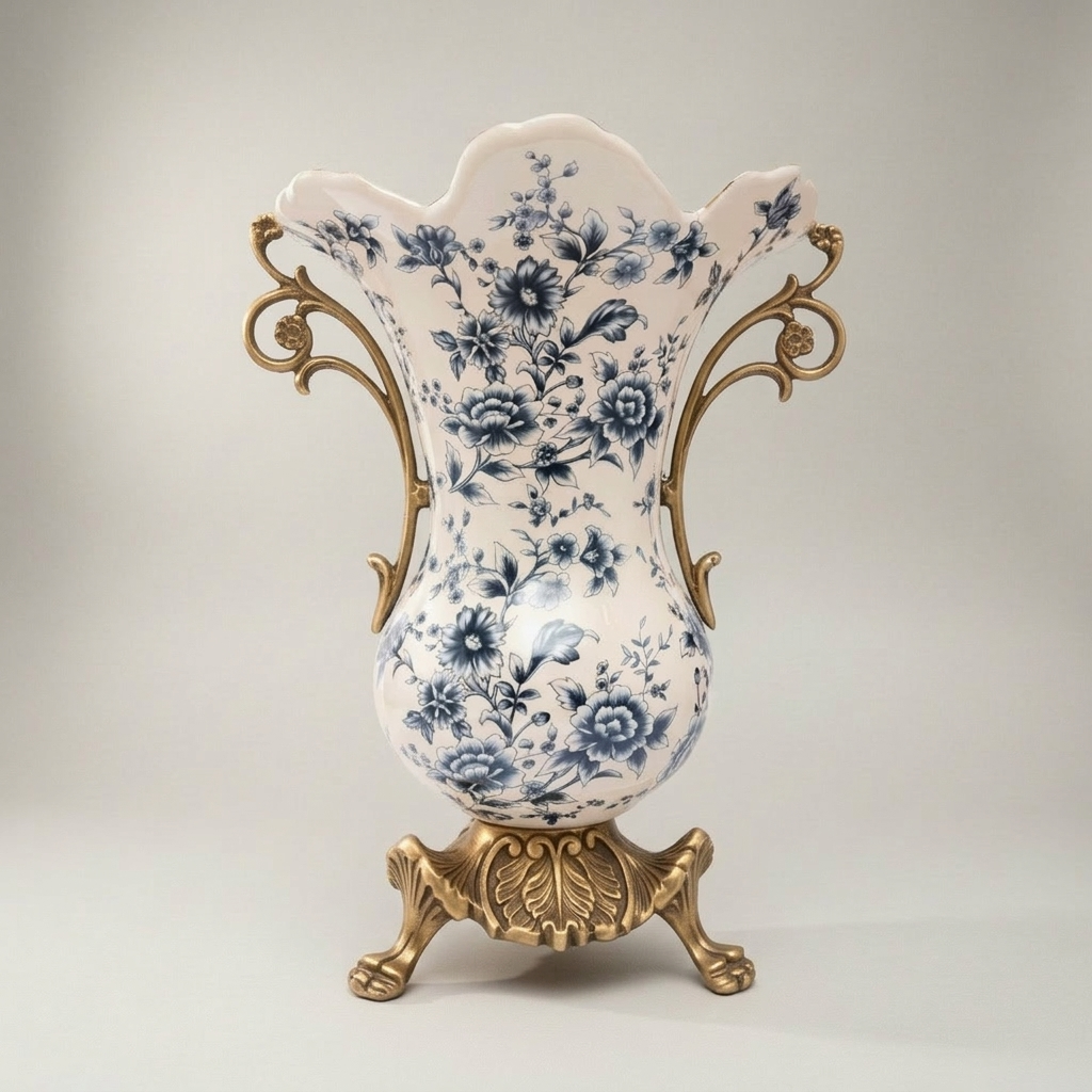 Rococo Ceramic Trumpet Vase with Brass Scroll Handles & Claw-Foot Base — Blue Floral Toile — Antique Gold