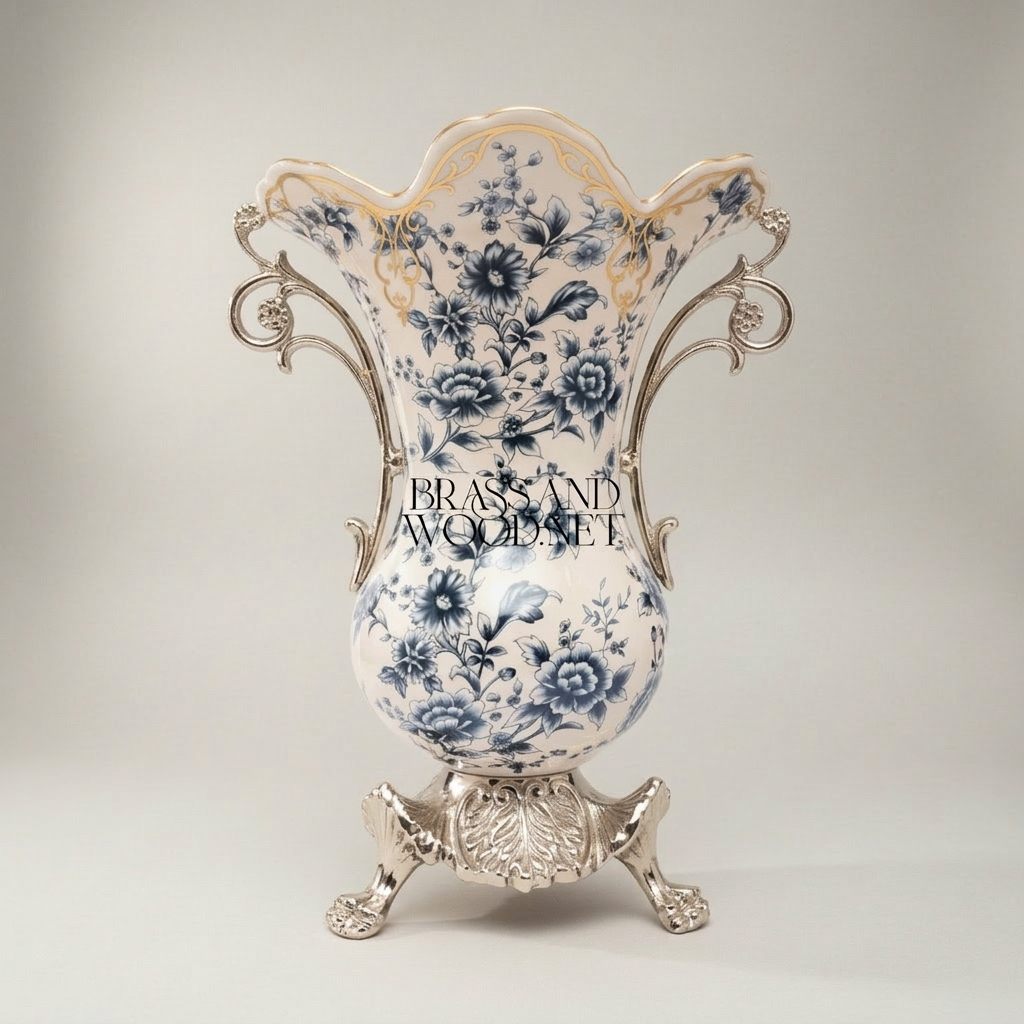 Rococo Ceramic Trumpet Vase with Brass Scroll Handles & Claw-Foot Base — Blue Floral Toile — Silver