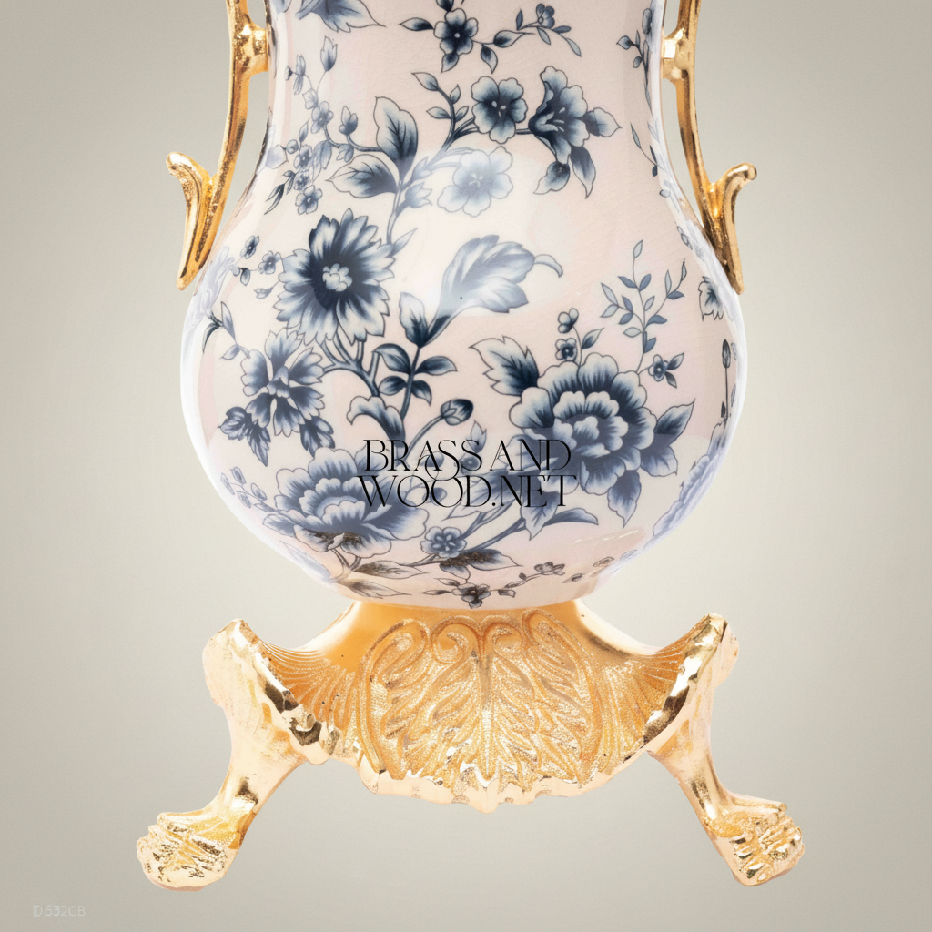 Rococo Ceramic Trumpet Vase with Brass Scroll Handles & Claw-Foot Base — Blue Floral Toile — Gold