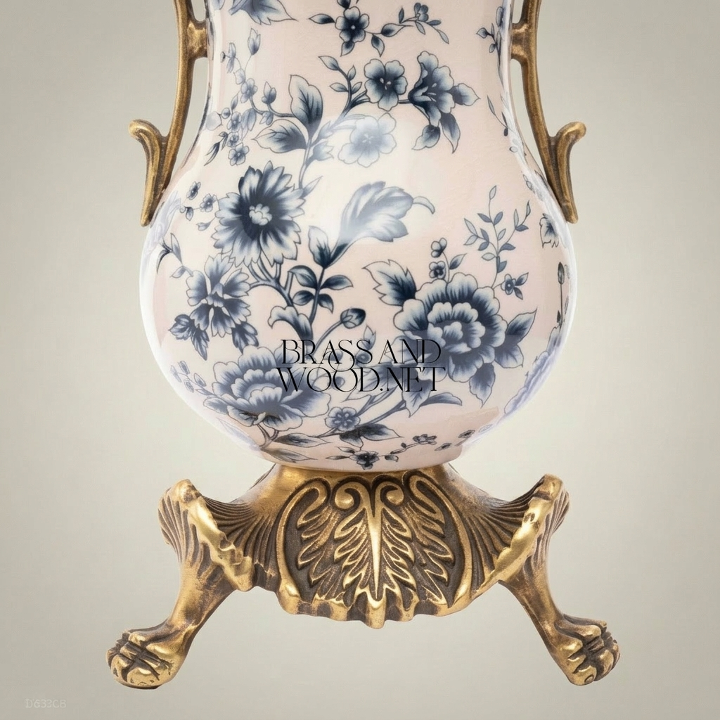 Rococo Ceramic Trumpet Vase with Brass Scroll Handles & Claw-Foot Base — Blue Floral Toile — Antique Gold