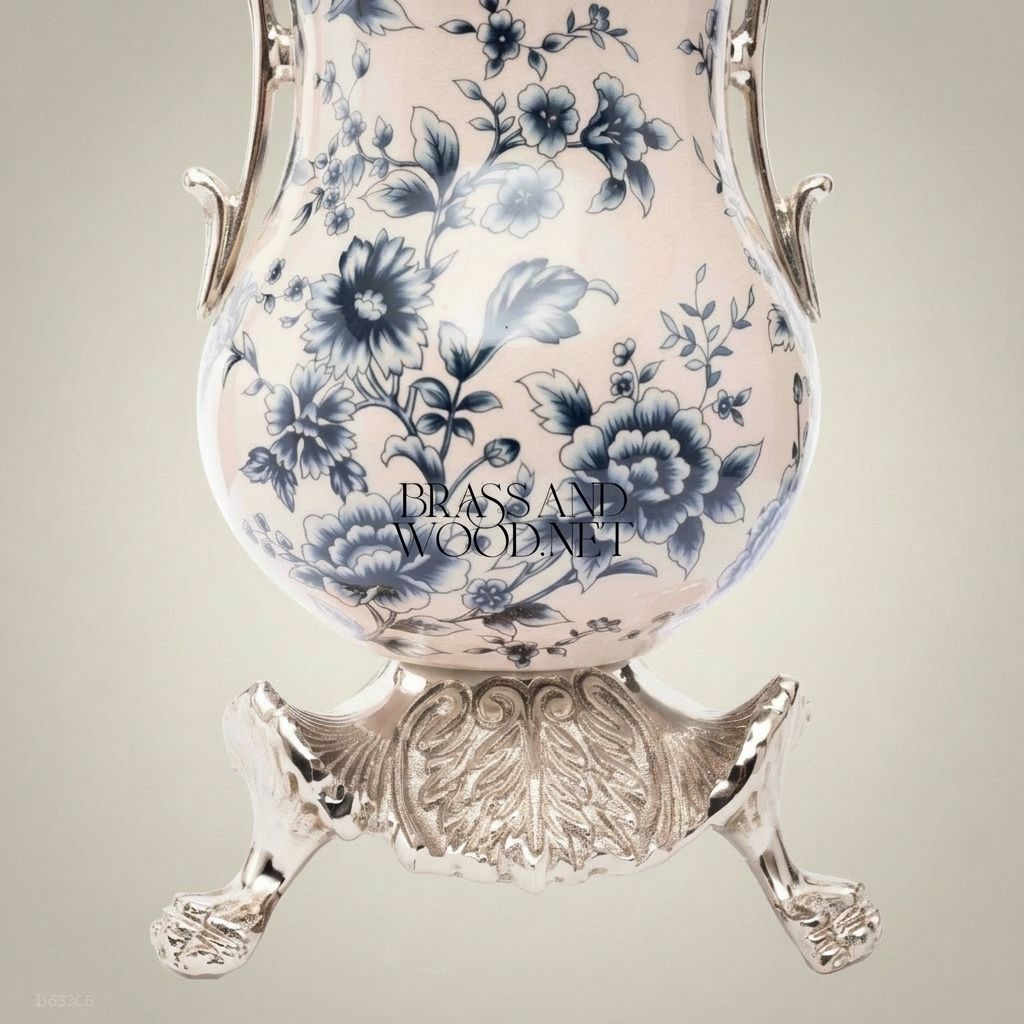 Rococo Ceramic Trumpet Vase with Brass Scroll Handles & Claw-Foot Base — Blue Floral Toile — Silver
