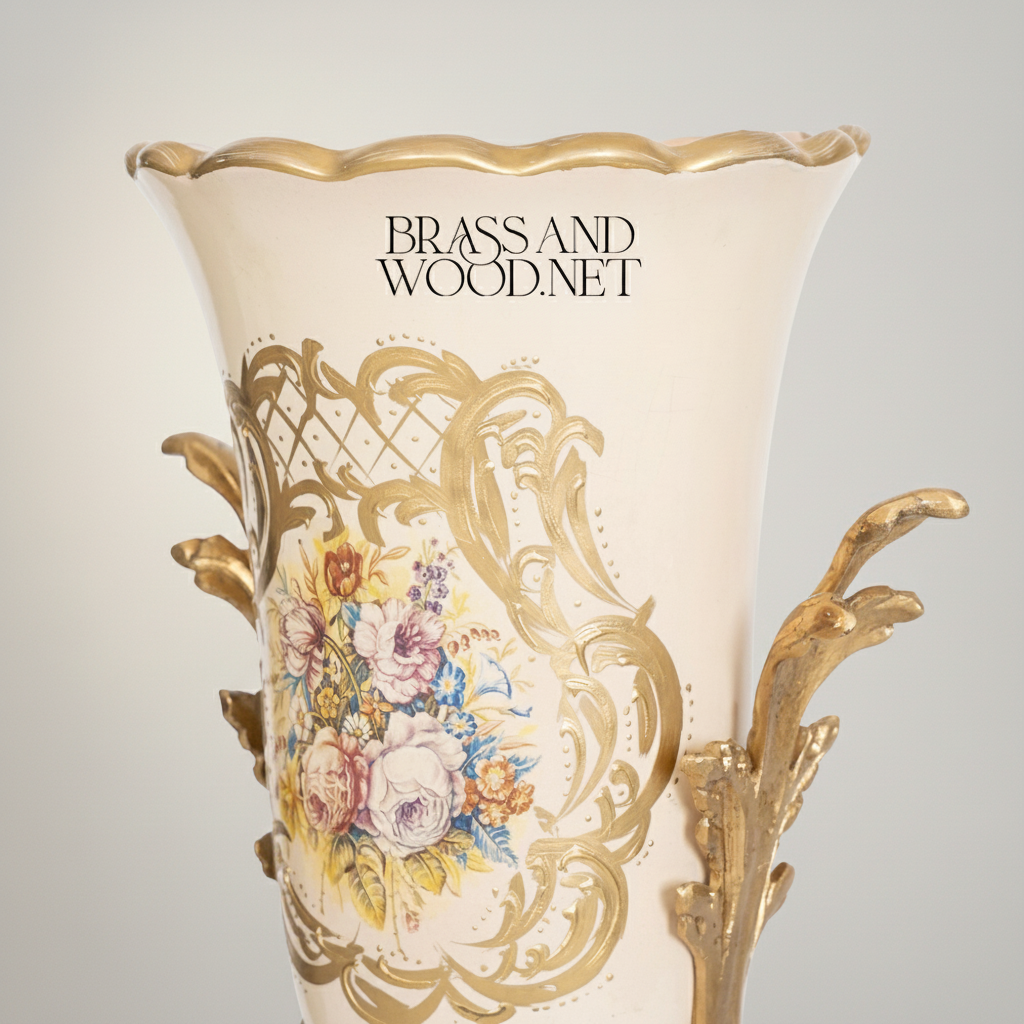 Rococo Ceramic Trumpet Vase with Floral Cartouche & Acanthus Brass Base — Antique Gold