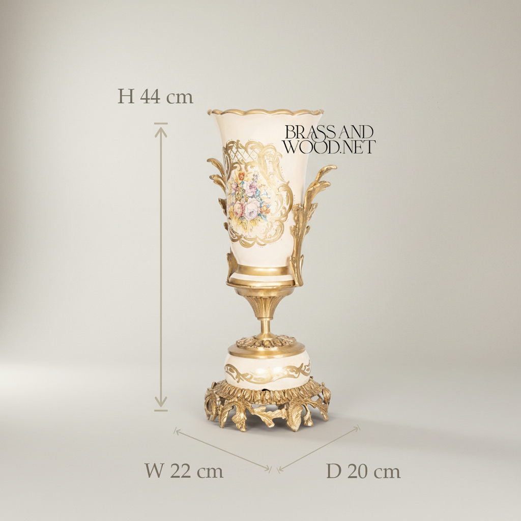 Rococo Ceramic Trumpet Vase with Floral Cartouche & Acanthus Brass Base — Antique Gold