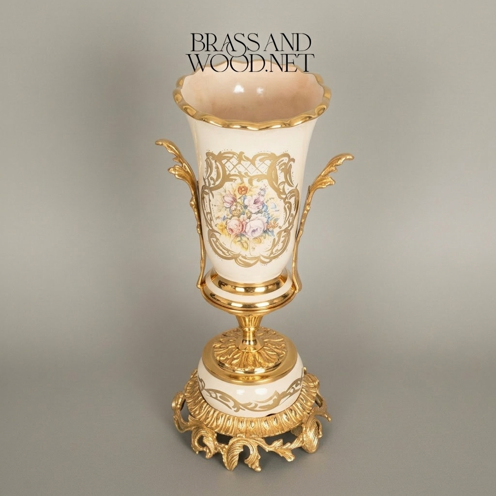 Rococo Ceramic Trumpet Vase with Floral Cartouche & Acanthus Brass Base